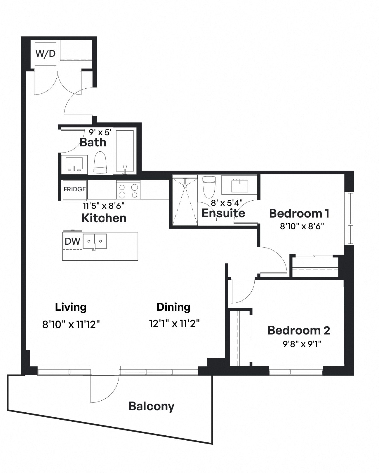 Floor plan for 2 beds, 2 baths, 912 sqft